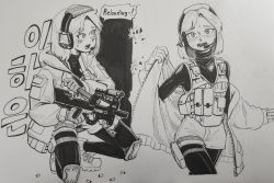 Rule 34 | 1girl, ammunition pouch, bulletproof vest, bullpup, crying, gloves, gun, headset, hood, hoodie, ink, knee pads, monochrome, original, p90, paul 1ng, personal defense weapon, pouch, reloading, shell casing, shorts, submachine gun, weapon