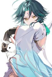Rule 34 | 1boy, 52hz mayday, black bridal gauntlets, black hair, bridal gauntlets, chinese clothes, closed mouth, detached sleeves, eyeliner, facial mark, forehead mark, genshin impact, green hair, highres, looking at viewer, makeup, male focus, multicolored hair, rabbit, red eyeliner, solo, white rabbit (animal), white sleeves, xiao (genshin impact), yellow eyes