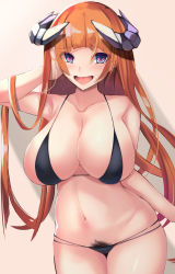 Rule 34 | 1girl, alternate costume, arknights, bagpipe (arknights), bikini, black bikini, blue eyes, blush, breasts, cleavage, collarbone, commentary, cowboy shot, dragon horns, eyes visible through hair, female pubic hair, hand in own hair, heart, heart-shaped pupils, highres, horns, large breasts, long hair, looking at viewer, micro bikini, midriff, navel, open mouth, orange hair, pink background, pubic hair, shadow, simple background, smile, solo, straight hair, string bikini, swimsuit, symbol-shaped pupils, tamano nae, tongue, wavy mouth