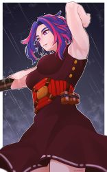 Rule 34 | 1girl, arm behind head, arm cannon, arm up, armpits, artist name, artist request, bare shoulders, belt, belted dress, black dress, blue hair, boku no hero academia, border, breasts, cloud, cloudy sky, collarbone, dress, expressionless, eyebrows, eyelashes, female focus, from below, gun, highres, lady nagant, large breasts, legs, looking afar, medium hair, multicolored hair, neck, night, night sky, outdoors, parted bangs, parted lips, pink eyes, pink hair, pointing weapon, rain, red belt, rifle, sidelocks, sky, sleeveless, sleeveless dress, sniper rifle, standing, thighs, thighs together, turtleneck, turtleneck dress, two-tone hair, utility belt, water drop, weapon, wet, wet hair, white border