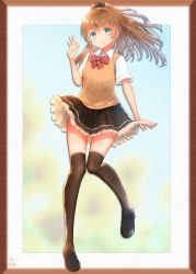 Rule 34 | 1girl, absurdres, adapted costume, artist logo, black footwear, black skirt, black thighhighs, brown hair, commentary request, dated, dress shirt, frilled skirt, frills, full body, green eyes, highres, kantai collection, kumano (kancolle), loafers, long hair, looking at viewer, orange neckwear, orange sweater, pleated skirt, ponytail, school uniform, shanghmely, shirt, shoes, short sleeves, skirt, solo, standing, sweater, sweater vest, thighhighs, waving, white shirt