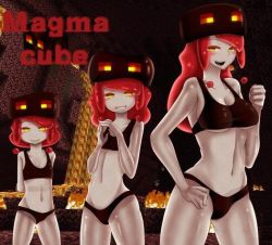 Rule 34 | 3girls, blush, breasts, cleavage, fire, flat chest, long hair, lowres, minecraft, lava, multiple girls, panties, red hair, short hair, tank top, thighs, underwear, yellow eyes