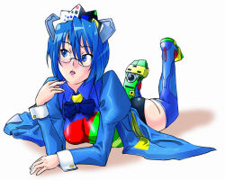 Rule 34 | 1girl, 2k-tan, ass, black-framed eyewear, blue eyes, blue hair, blue thighhighs, full body, glasses, juliet sleeves, leotard, long sleeves, lying, matching hair/eyes, michael f91, on stomach, os-tan, puffy long sleeves, puffy sleeves, round eyewear, short hair, simple background, skin tight, solo, thighhighs, white background, wrist cuffs