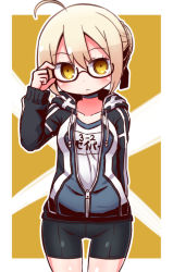 Rule 34 | 1girl, adjusting eyewear, ahoge, arm up, artoria pendragon (fate), bike shorts, black-framed eyewear, black jacket, black ribbon, black shorts, blonde hair, blush, braid, breasts, brown eyes, closed mouth, collarbone, commentary request, cowboy shot, drawstring, fate/grand order, fate (series), gym shirt, hair between eyes, hair bun, hair ribbon, hood, hood down, hooded jacket, jacket, long sleeves, mysterious heroine x alter (fate), mysterious heroine x alter (second ascension) (fate), naga u, name tag, open clothes, open jacket, ribbon, semi-rimless eyewear, shirt, short shorts, shorts, sidelocks, single hair bun, sleeves past wrists, small breasts, solo, track jacket, under-rim eyewear, white shirt