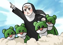 Rule 34 | 1girl, black dress, blue sky, brown hair, cloud, diva (hyxpk), dress, frog, froggy nun (diva), habit, highres, jitome, little nuns (diva), long sleeves, nun, open mouth, pointing, sky, solo, traditional nun, triangle mouth, veil