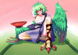 Rule 34 | 1girl, bird legs, blush, breasts, chest sarashi, cleavage, commentary request, cup, feathered wings, feathers, green feathers, green hair, green wings, hair between eyes, harpy, highres, holding, holding cup, japanese clothes, kimono, long hair, looking at viewer, monster girl, mouth hold, multicolored hair, open mouth, original, pipe in mouth, purple kimono, red eyes, red hair, sakazuki, sarashi, sitting, small breasts, smoking, smoking pipe, solo, talons, textless version, togenomaru, torn clothes, torn socks, two-tone hair, winged arms, wings, yellow eyes