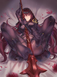 Rule 34 | 1girl, black legwear, blush, bodystocking, breasts, brown hair, chiwa (tsugumisky), fate/grand order, fate (series), feet, holding, holding polearm, holding spear, holding weapon, large breasts, looking at viewer, lying, no shoes, on back, parted lips, polearm, red eyes, scathach (fate), smile, solo, spear, spread legs, toes, weapon