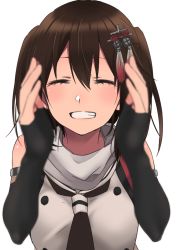 Rule 34 | 1girl, ^ ^, black neckerchief, brown eyes, brown hair, closed eyes, hair between eyes, kantai collection, neckerchief, rinto (rint rnt), school uniform, sendai (kancolle), sendai kai ni (kancolle), serafuku, short hair, simple background, solo, two side up, white background