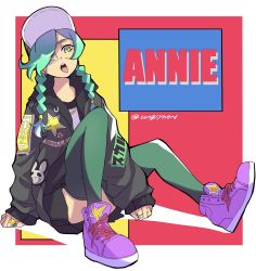 Rule 34 | 1girl, alternate costume, annie (skullgirls), baseball cap, border, braid, character name, contemporary, earrings, eyepatch, full body, green hair, green nails, hat, highres, jacket, jewelry, nail polish, open mouth, red background, ring, shoes, signature, sitting, skirt, skullgirls, sneakers, solo, thighhighs, tongue, twin braids, ungly, white border, yellow eyes