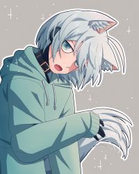 Rule 34 | 1boy, absurdres, ahoge, android, animal ears, black choker, cat boy, cat ears, cat tail, cheer (cheerpuppy14), choker, commentary, danganronpa (series), danganronpa v3: killing harmony, english commentary, fang, grey background, grey eyes, grey hair, highres, hood, hood down, hoodie, k1-b0, long sleeves, looking at viewer, medium hair, open mouth, outline, sleeves past wrists, solo, sparkle, sparkle background, tail, upper body, white outline