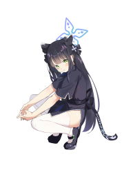 1girl absurdres animal_ear_fluff animal_ears black_dress black_footwear black_hair blue_archive blunt_bangs china_dress chinese_clothes dress etoile green_eyes highres long_hair mary_janes own_hands_together shoes short_sleeves shun_(blue_archive) shun_(small)_(blue_archive) simple_background smile solo squatting thighhighs thighs tiger_ears tiger_girl tiptoes twintails white_background white_thighhighs