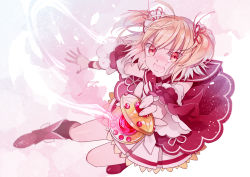 Rule 34 | 1girl, ayano rika, ayumaru (art of life), blonde hair, boots, commentary request, crying, detached sleeves, frilled skirt, frills, full body, gem, hair ribbon, holding, kneehighs, looking at viewer, magia record: mahou shoujo madoka magica gaiden, magical girl, mahou shoujo madoka magica, open mouth, outstretched arm, pink background, red eyes, red footwear, red ribbon, red sailor collar, red socks, ribbon, sad, sailor collar, short hair, skirt, socks, solo, tears, two side up, wristband