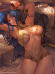 Rule 34 | 1girl, armpits, arms behind head, arms up, bare shoulders, blue eyes, blue hair, breasts, cleavage, cutesexyrobutts, dirty pair, highres, large breasts, long hair, looking at viewer, navel, parted bangs, parted lips, smile, solo, thighs, yuri (dirty pair)