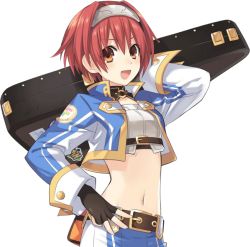 Rule 34 | 10s, 1girl, breasts, falcom (neptunia), female focus, hand on own hip, neptune (series), open clothes, open shirt, orange eyes, personification, red hair, shirt, short hair, solo, tsunako