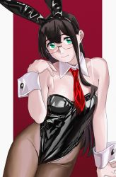 Rule 34 | 1girl, absurdres, animal ears, bad id, bad twitter id, black hair, black pantyhose, blue eyes, closed mouth, detached collar, fake animal ears, glasses, highres, kantai collection, leotard, long hair, looking at viewer, necktie, ojipon, ooyodo (kancolle), pantyhose, playboy bunny, red necktie, semi-rimless eyewear, simple background, solo, two-tone background, wrist cuffs