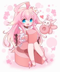 Rule 34 | 1girl, :d, ahoge, bad id, bad pixiv id, baum (last period), black bow, blue eyes, blush, bow, cherry blossom print, cherry blossoms, chibi, commentary request, fairy, fairy baum (last period), floral print, flower, food, full body, hair between eyes, hair flower, hair ornament, highres, holding, holding food, last period, looking at viewer, neru (neruneruru), open mouth, pink hair, simple background, sitting, smile, solo
