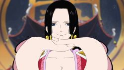 Rule 34 | 1girl, amazon lily, black hair, blue eyes, boa hancock, breasts, cleavage, earrings, female focus, jewelry, long hair, one piece, red shirt, shirt, solo