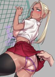 Rule 34 | 1girl, agawa ryou, amesuku gyaru, artist name, ass, black thighhighs, blonde hair, blue eyes, blush, breasts, breasts out, butt crack, chain-link fence, chestnut mouth, clothes lift, collared shirt, commentary, cowboy shot, dated, disembodied limb, english commentary, fence, flipped hair, from behind, furrowed brow, grey background, gyaru, hands up, kogal, leaning, long hair, looking at viewer, looking back, medium breasts, miniskirt, nail polish, numbered, open mouth, original, panties, pink nails, pink panties, pleated skirt, red skirt, shirt, short sleeves, sidelocks, simple background, skindentation, skirt, skirt lift, solo focus, string panties, sweatdrop, tan, tanline, thighhighs, twintails, underwear, white shirt
