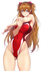 Rule 34 | 1girl, alternate breast size, asymmetrical breasts, bare legs, bare shoulders, blue eyes, blush, brown hair, commentary, competition swimsuit, curvy, evangelion: 3.0 you can (not) redo, hair ornament, highleg, highleg swimsuit, long hair, looking at viewer, neon genesis evangelion, one-piece swimsuit, orange hair, rebuild of evangelion, red one-piece swimsuit, shiny skin, solo, souryuu asuka langley, standing, stretching, swimsuit, twintails, white background, zucchini