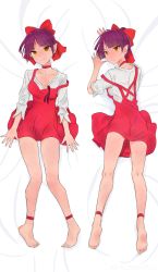 Rule 34 | 1girl, akagi (fmttps), bad id, bad pixiv id, barefoot, bed sheet, bow, breasts, brooch, cat girl, choker, cleavage, closed mouth, commentary request, dakimakura (medium), dress, full body, gag, gegege no kitarou, gem, hair bow, hair bun, improvised gag, jewelry, light frown, lips, long sleeves, looking at viewer, looking back, lying, multiple views, nekomusume, nekomusume (gegege no kitarou 6), no shoes, on back, on bed, on stomach, partial commentary, pinafore dress, pointy ears, purple hair, red bow, red choker, red dress, shirt, short dress, short hair, single hair bun, sleeveless dress, strap slip, white shirt, yellow eyes