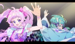 Rule 34 | 2girls, aozora himari, arm up, audience, blue hair, blue jacket, blunt bangs, blurry, blurry background, bow, commentary request, concert, fujidera minori, glowstick, green hair, hair bow, hand on headphones, headphones, highres, himitsu no aipri, idol clothes, in-franchise crossover, jacket, letterboxed, long hair, looking at viewer, looking to the side, multicolored hair, multiple girls, omega auru, omega auru (primagista), open mouth, penlight (glowstick), pink bow, pink hair, pretty series, purple bow, purple eyes, short hair, smile, streaked hair, tsujii luki, twintails, upper body, voice actor connection, waccha primagi!