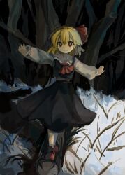 Rule 34 | 1girl, ascot, black skirt, black vest, blonde hair, closed mouth, collared shirt, full body, hair between eyes, hair ribbon, highres, long sleeves, outstretched arms, red ascot, red eyes, red footwear, red ribbon, ribbon, rumia, shirt, shoes, short hair, skirt, smile, solo, spread arms, touhou, vest, white shirt, youshouhaoxianzhe