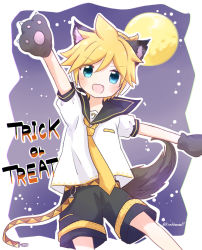 Rule 34 | 1boy, animal ears, arm up, bass clef, belt, black collar, black shorts, blonde hair, blue eyes, collar, collared shirt, commentary, cowboy shot, fang, full moon, gloves, halloween, haruame kinako, headphones, highres, kagamine len, looking at viewer, male focus, moon, necktie, night, night sky, open mouth, sailor collar, school uniform, shirt, short sleeves, shorts, sky, smile, solo, spiked hair, star (sky), trick or treat, vocaloid, white shirt, wolf ears, wolf paws, yellow necktie