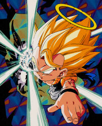 2boys artist_name blonde_hair bracer chibi dragon_ball dragonball_z energy_beam fenyon film_grain from_above gogeta halo highres horns janemba looking_to_the_side male_focus metamoran_vest multiple_boys muscular muscular_male pants short_hair single_bang spiked_hair super_saiyan white_pants