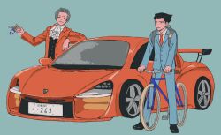 Rule 34 | 23011620x, 2boys, :i, ace attorney, ascot, bicycle, black hair, black vest, blue background, blue badger, blue jacket, blue pants, car, closed mouth, collared shirt, formal, grey hair, hair intakes, highres, jacket, charm (object), long sleeves, miles edgeworth, motor vehicle, multiple boys, necktie, pants, phoenix wright, red jacket, red necktie, red suit, shirt, short hair, simple background, smile, smug, spiked hair, standing, suit, vehicle focus, vest, white shirt