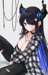 Rule 34 | 1girl, absurdres, alternate costume, asymmetrical horns, black hair, black pants, blush, breasts, broken horn, cable, cleavage, collar, colored inner hair, demon horns, feet out of frame, flannel, hair over one eye, highres, hololive, hololive english, horns, knee up, large breasts, long hair, looking at viewer, magui3, mole, mole under eye, multicolored hair, nerissa ravencroft, pants, red eyes, rosary, sitting, solo, spiked collar, spikes, torn clothes, torn pants, very long hair, virtual youtuber