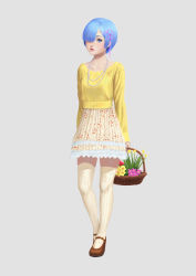 Rule 34 | 10s, 1girl, arms behind back, basket, blue eyes, breasts, brown footwear, carlo montie, casual, closed mouth, flower, full body, grey background, hair ornament, hair over one eye, hair ribbon, highres, holding, holding basket, jewelry, layered skirt, lips, long sleeves, looking at viewer, mary janes, medium breasts, necklace, nose, pearl necklace, pleated skirt, purple flower, purple ribbon, re:zero kara hajimeru isekai seikatsu, rem (re:zero), ribbed sweater, ribbon, shoes, short hair, simple background, skirt, solo, standing, sweater, thighhighs, x hair ornament, yellow flower, yellow sweater, zettai ryouiki