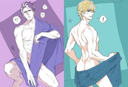 Rule 34 | 2boys, ?, ass, back, bed sheet, blonde hair, blue eyes, covering privates, covering crotch, fate/grand order, fate (series), from behind, gawain (fate), lancelot (fate/grand order), looking at viewer, male focus, manly, multiple boys, naked sheet, on one knee, purple hair, short hair, toned, toned male
