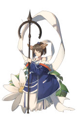 Rule 34 | 1girl, animal ears, arknights, blue jacket, brown eyes, brown hair, commentary request, cropped legs, dress, flower, fox ears, fur-trimmed jacket, fur trim, hand up, highres, holding, holding staff, jacket, looking down, oversized flower, perfumer (arknights), ponytail, ribbon, short hair, simple background, solo, spaghetti strap, staff, vchan, white background, white dress, white flower, white ribbon