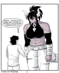 Rule 34 | belt, black hair, breasts, closed mouth, commentary, dark-skinned female, dark skin, demon girl, demon horns, dragon tail, english commentary, english text, father and daughter, hero (peach88), highres, horns, large breasts, long hair, long sleeves, looking at another, muscular, muscular female, nervous smile, open mouth, original, pants, parent and child, peach88, ponytail, red eyes, shirt, shizu (peach88), short hair, simple background, smile, speech bubble, sweatdrop, tail, talking, vambraces, white background, zenith (peach88)