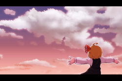 Rule 34 | 1girl, ahoge, bad id, bad pixiv id, blonde hair, cloud, embodiment of scarlet devil, female focus, from behind, hair ribbon, letterboxed, long sleeves, mesou-san, outstretched arms, ribbon, rumia, skirt, skirt set, sky, solo, spread arms, touhou, vest