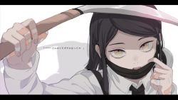Rule 34 | 1boy, adjusting mask, arm up, bandaid, bandaid on hand, black hair, brown eyes, chi (02tt guru), commentary request, danganronpa (series), danganronpa v3: killing harmony, from above, hand up, highres, holding, holding weapon, letterboxed, long hair, looking at viewer, male focus, mask, mouth mask, necktie, scythe, shinguji korekiyo, shirt, solo, teeth, translation request, upper teeth only, weapon, white background, white shirt