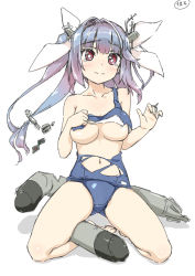 Rule 34 | 1girl, blue hair, blue one-piece swimsuit, breasts, closed mouth, crying, full body, hair intakes, hair ornament, hair ribbon, i-19 (kancolle), kantai collection, large breasts, long hair, looking at viewer, one-piece swimsuit, purple eyes, ribbon, sakakibara taiga, school swimsuit, solo, swimsuit, torn clothes, torpedo, white background
