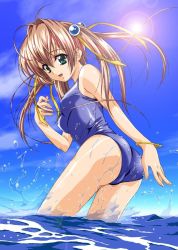 Rule 34 | 1girl, alice+, beach, bracelet, brown hair, day, from behind, game cg, jewelry, lens flare, long hair, one-piece swimsuit, outdoors, school swimsuit, solo, swimsuit, water