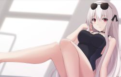 Rule 34 | 1girl, bare arms, bare legs, bare shoulders, black one-piece swimsuit, blurry, blurry background, breasts, closed mouth, commentary, competition swimsuit, depth of field, dutch angle, eyewear on head, girls&#039; frontline, hair between eyes, highres, kar98k (girls&#039; frontline), keenh, large breasts, long hair, looking at viewer, one-piece swimsuit, red eyes, signature, sitting, smile, solo, sunglasses, swimsuit, very long hair, white hair