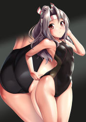 Rule 34 | 1girl, adjusting clothes, adjusting swimsuit, ass, black background, black one-piece swimsuit, breasts, brown eyes, closed mouth, commentary request, competition swimsuit, cowboy shot, gradient background, grey hair, hachimaki, hassen (8cm), headband, high ponytail, highleg, highleg swimsuit, kantai collection, long hair, multiple views, one-piece swimsuit, ponytail, small breasts, standing, sweatdrop, swimsuit, thigh gap, zuihou (kancolle)