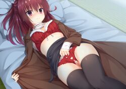Rule 34 | 1girl, 8kumagawa (log), bed sheet, black skirt, black thighhighs, blush, bra, breasts, brown coat, censored, cleavage, clothes lift, clothes pull, coat, eyelashes, frilled panties, frills, fur-trimmed bra, fur trim, furrowed brow, happy, head on pillow, heart, heart panties, heart print, highres, long hair, long legs, looking at viewer, lying, medium breasts, midriff, miniskirt, mosaic censoring, noble works, on back, on bed, open clothes, panties, pencil skirt, ponytail, print panties, pussy, pussy peek, red bra, red eyes, red hair, red panties, sanjou makoto, santa bra, santa panties, shirt, shirt pull, skirt, skirt lift, smile, solo, thighhighs, thighs, underwear, white shirt