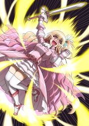 Rule 34 | 1girl, :d, @ @, aura, blonde hair, blush, breasts, charlotte (sennen sensou aigis), dress, dress flower, frilled dress, frills, full body, gauntlets, gloves, holding, holding sword, holding weapon, long hair, medium breasts, open mouth, pink dress, pink eyes, pink footwear, sennen sensou aigis, side ponytail, smile, sodai gomi, solo, sword, thighhighs, weapon, white thighhighs