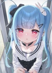 Rule 34 | 1girl, black bow, black choker, black skirt, black vest, blue hair, bow, choker, collarbone, commentary request, crying, crying with eyes open, hair bow, hair ornament, hairclip, heart o-ring, highres, long hair, long sleeves, looking at viewer, original, parted lips, rabbit hair ornament, red eyes, sailor collar, shirt, skirt, solo, tears, tsukiman, twintails, very long hair, vest, white sailor collar, white shirt