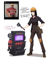 Rule 34 | 1girl, adjustable wrench, belt, black choker, black hair, black nails, blunt bangs, blythe (francisco mon), boots, brown overalls, choker, cosplay, engineer (tf2), engineer (tf2) (cosplay), english text, eyeshadow, francisco mon, hand on own hip, hard hat, helmet, highres, holding, holding wrench, knee pads, makeup, nail polish, original, overalls, purple eyes, purple eyeshadow, red engineer (tf2), solo, team fortress 2, tool belt, wrench