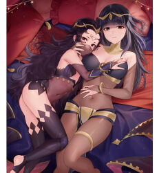 Rule 34 | 2girls, ass, black hair, black nails, black thighhighs, blunt bangs, bodysuit, bracelet, breasts, bridal gauntlets, brown bodysuit, brown eyes, cleavage, closed mouth, covered navel, facial mark, fire emblem, fire emblem awakening, fire emblem fates, from above, grabbing, grabbing another&#039;s breast, haru (nakajou-28), height difference, jewelry, large breasts, long hair, looking at viewer, lying, mouth veil, multiple girls, nail polish, nintendo, nyx (fire emblem), on back, on side, pelvic curtain, small breasts, tharja (fire emblem), thighhighs, thighlet, tiara, veil, very long hair
