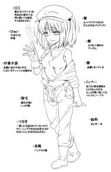 Rule 34 | 1girl, belt, boots, breasts, cucumber, freckles, full body, gloves, greyscale, hair bobbles, hair ornament, hat, holding, jeno, jumpsuit, kawashiro nitori, medium breasts, monochrome, off shoulder, open mouth, pants, pocket, shirt, simple background, single glove, sleeveless, sleeveless shirt, solo, standing, sweat, touhou, translation request, turn pale, twintails, walking, white background, zipper pull tab