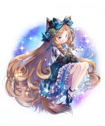 Rule 34 | 1girl, animal ears, arknights, blonde hair, blue eyes, bow, cat ears, cat girl, cat tail, crossed arms, dress, drill hair, frilled dress, frills, hair bow, highres, iris (arknights), jacket, keluy, long hair, looking at viewer, open clothes, open jacket, solo, tail, twin drills, very long hair