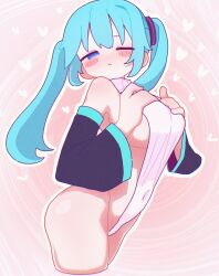 Rule 34 | 1girl, alternate costume, banananosongen, black sleeves, blue eyes, blue hair, blush, breast suppress, breasts, closed mouth, commentary request, covered navel, cowboy shot, detached sleeves, hair ornament, half-closed eyes, hatsune miku, heart, highres, large breasts, leotard, leotard sweater, long hair, looking at viewer, medium bangs, one eye closed, outline, sideboob, solo, twintails, vocaloid, white leotard, white outline