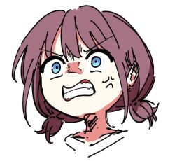 Rule 34 | 1girl, anger vein, angry, blue eyes, brown hair, clenched teeth, commentary request, cropped head, girls band cry, iseri nina, low twintails, open mouth, short hair, short twintails, simple background, solo, sose kuwagata, teeth, twintails, white background