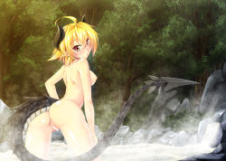 Rule 34 | 1girl, ahoge, ass, back, blush, breasts, censored, dragon girl, dragon horns, dragon tail, from behind, gekato, highres, horns, looking back, nature, nipples, nude, onsen, original, partially submerged, pussy, short hair, tail, water, yellow eyes